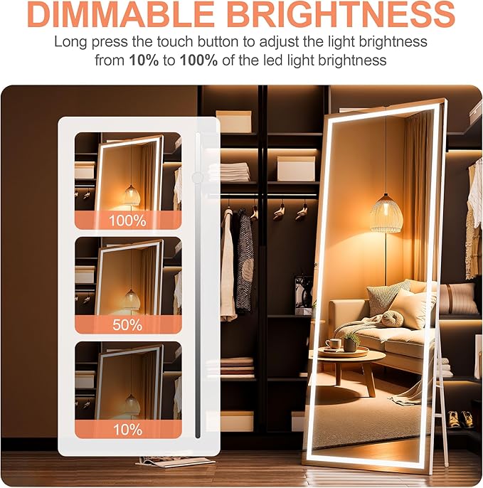 71" x 32" Full Length Mirror with Lights, LED Lighted Floor Standing Body Mirror, Dimmable & 3 Color Lighting for Bedroom, Cloakroom, Dressing Room, Tempered Glass, White Frame