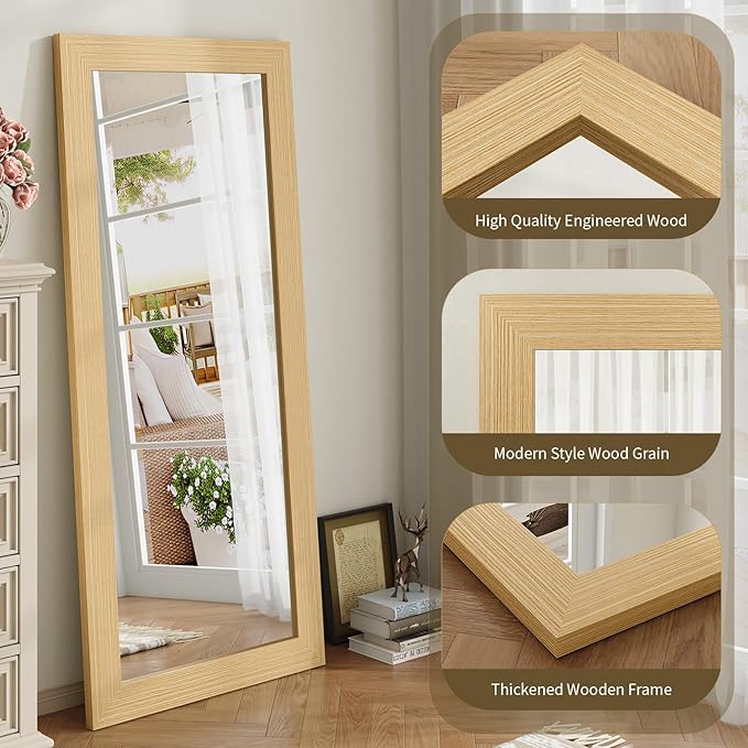 Syndra Modern Full Length Mirror Wood Frame, 65x24'' Large Floor Mirror with HD Tempered Glass & Wall Mount Option, Rectangular Standing Mirror for Bedroom, Living Room, Entryway, Farmhouse(Natural)