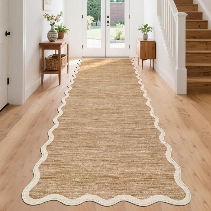 GarveeHome Scalloped Washable Runner Rug 2'6'' x 10' Runner Non Slip Kitchen Rugs Modern Entryway Rug Farmhouse Soft Bathroom Rugs Stain Resistant Carpet for Hallway Laundry Bedroom