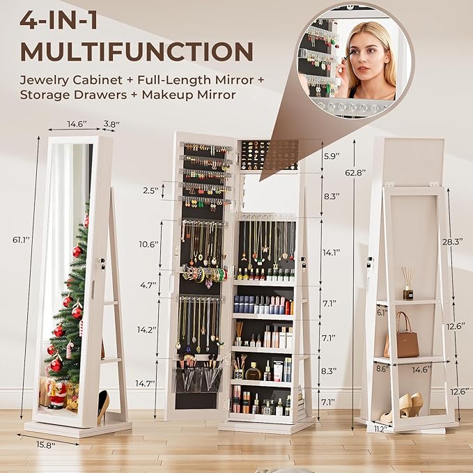 4-In-1 Jewelry Armoire with Full-Length Mirror, 360° Swivel Lockable Jewelry Cabinet Standing with 3 Storage Shelves & Vanity Mirror, Jewelry Organizer with Storage for Gift Idea, White
