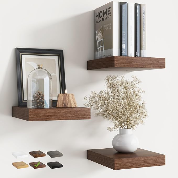 8 Inch Floating Shelves for Wall with Invisible Brackets Set of 3, 8"D Engineered Wood Wall Shelves with Wood Grain for Living Room, Bedroom, Bathroom, Kitchen Decor and Storage, Walnut Finish