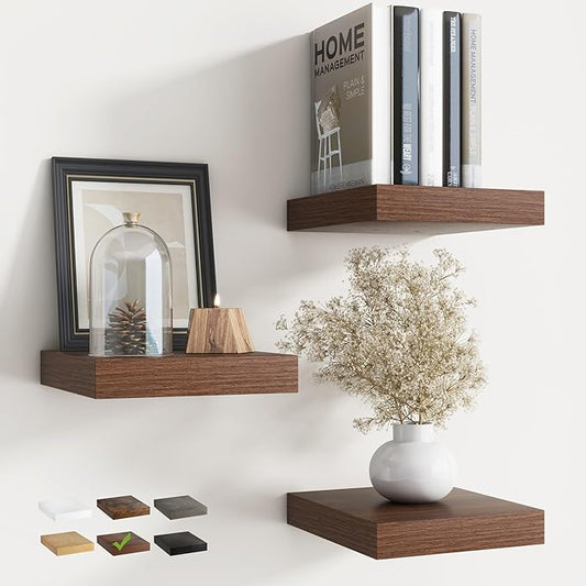 8 Inch Floating Shelves for Wall with Invisible Brackets Set of 3, 8"D Engineered Wood Wall Shelves with Wood Grain for Living Room, Bedroom, Bathroom, Kitchen Decor and Storage, Walnut Finish