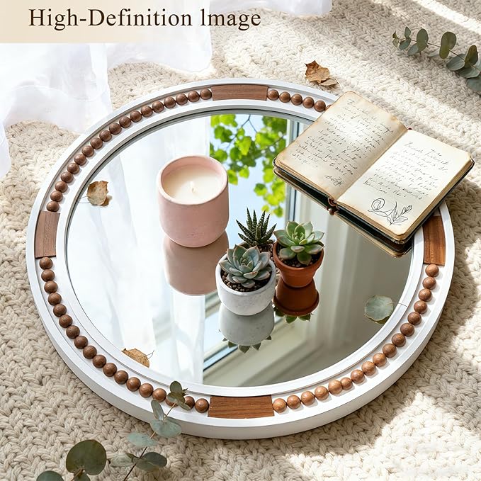 HQiJun 32 Inch Round Boho Wall Mirror, Large Rustic Coastal Wall Decor with White Wood Frame and Brown Bead Accents,Farmhouse Decorative Mirror for Entryway, Bedroom, Living Room
