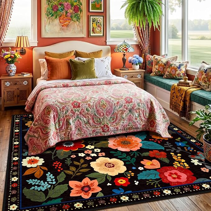 RELEANY Floral Nursery Square 8ft Area Rugs Washable Print Boho Cute Carpet Non Slip Flower Low Pile for Living Room Kids Girls Playroom Bedroom Kitchen Office Farmhouse-Black