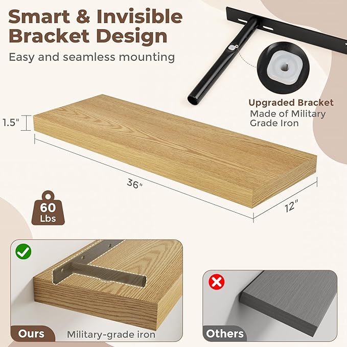 Fun Memories 36 Inch Oak Floating Shelves for Wall, 12 Inch Deep Shelves for Bathroom|Kitchen|Bedroom, Wall Mounted Rustic Wood Floating Shelf with Invisible Brackets for Books|Storage|Decor, 2 Pack