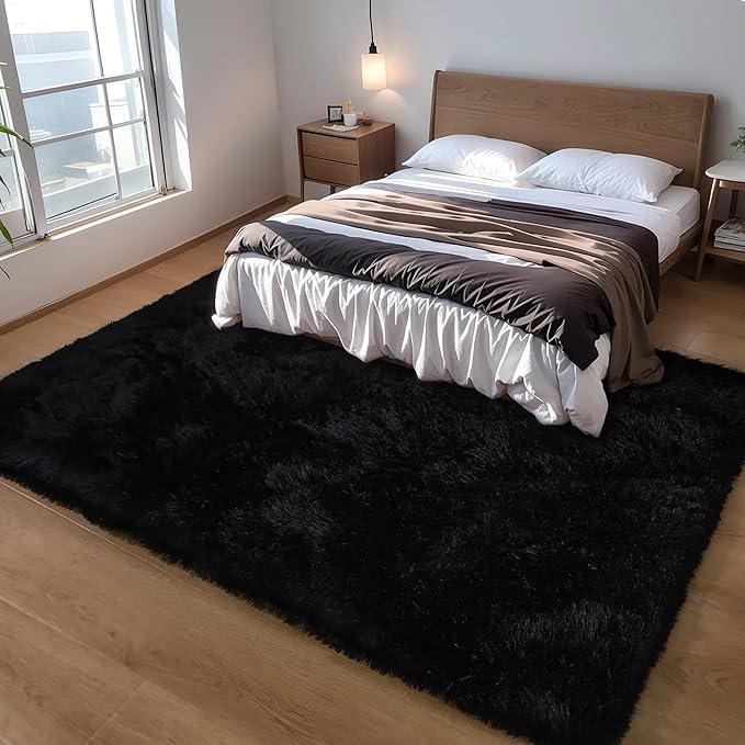 KICHOWUA 3x5 Black Fluffy Shag Rug for Bedroom, Soft Plush Fuzzy Washable Non Slip Floor Cozy Carpet, Modern Comfy Furry Shaggy Small Area Rug for Living Room, Kids Baby Boys Girls Nursery Dorm Room