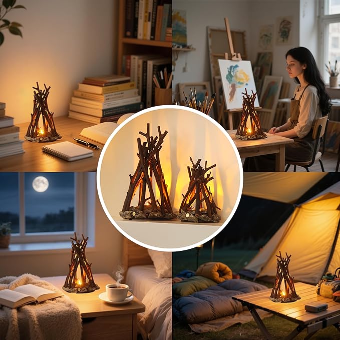 LED Night Light Wooden Campfire LED Dimmable Lamp with 3 Lighting Modes & Flame Sound, USB Powered Kids Nightlight & Desk Lamp for Bedroom, Office, and Relaxation, L