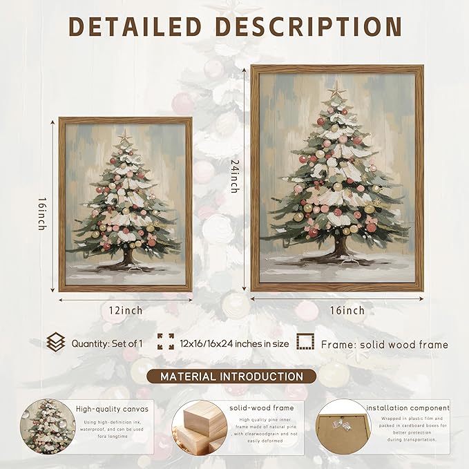 Framed Christmas Tree Wall Decor, Christmas Tree with Christmas Balls Canvas Prints Country Winter Holidays Oil Painting Vintage Christmas Wall Art for Living Room Bedroom – 16x24in