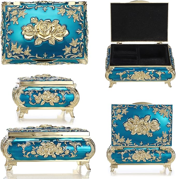 Hipiwe Metal Decorative Jewelry Box Vintage Treasure Chest Case Ornate Trinket Organizer Earrings Necklace Bracelet Storage Box Ring Holder Keepsake Box for Women
