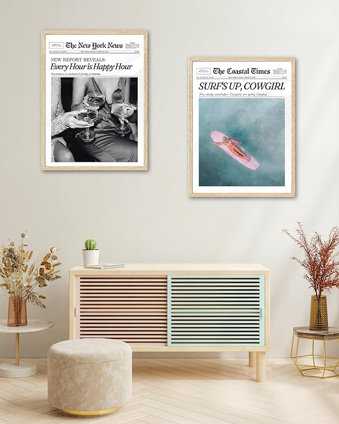 iHery Every Hour is Happy Hour Small Framed Trendy NewsPaper Wall Art, Natural OAK Wood 8x10in Canvas Wall Decor For Bedroom, Retro News Prints Posters for Girl Dorm Living Room Home 1Pack