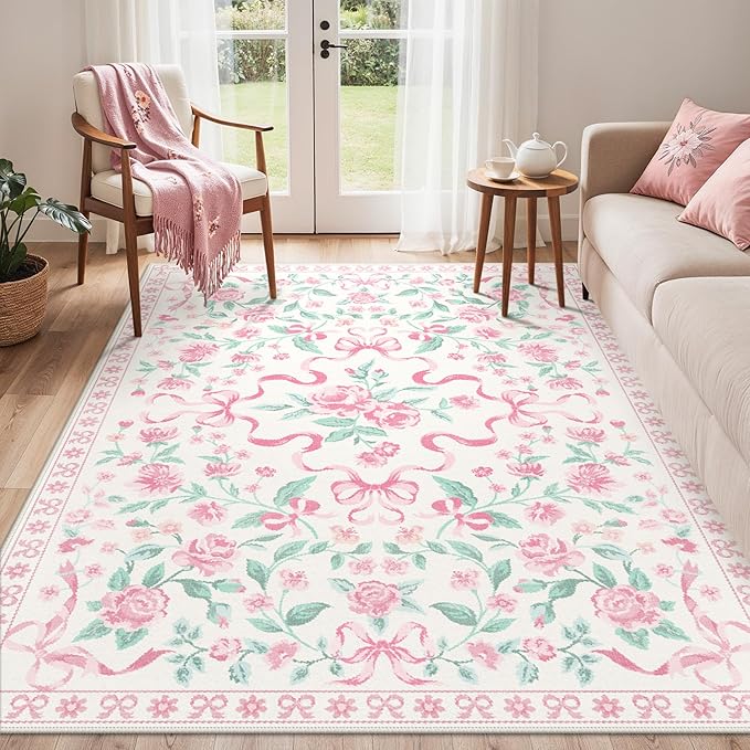 GENIMO 6X9 Washable Vintage Area Rugs for Living Room, Non-Slip Low Pile Chenille Print Rug, Soft Rugs for Bedroom Dining Room Home Office, Pastel Pink