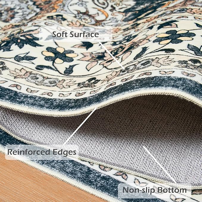 Goideal Washable Rug 8x10, Vintage Area Rugs Non Slip, Indoor Low Pile Carpet with Rubber Backing for Living Room Kitchen Bathroom Entryway Office Bedroom, Black & White