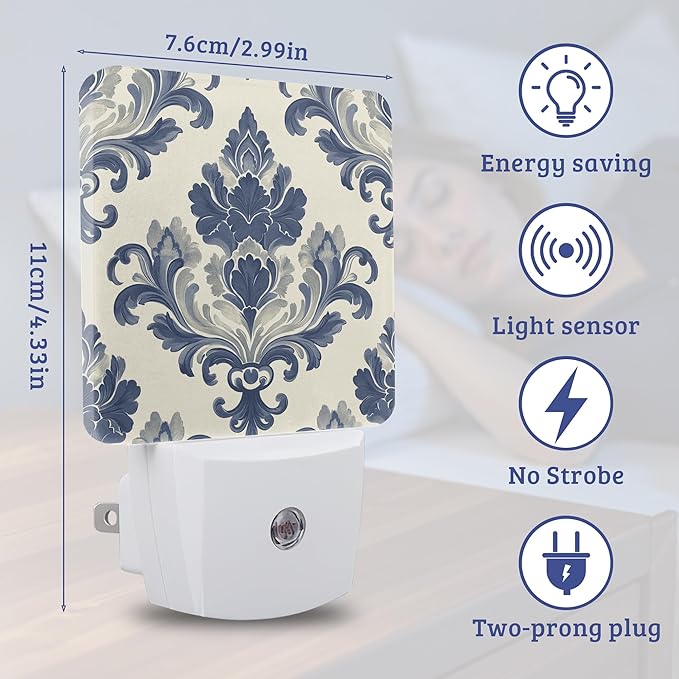 Vintage Blue Floral Night Light Plug Into Wall with Dusk to Dawn Sensor Wall Lamp, LED Nightlights for Bedroom, Bathroom, Kitchen, Hallway, Room Decorative for Boys Girls Women Men Gifts