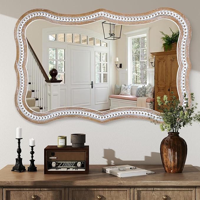 35x24 Inch Wooden Mirror for Wall, Farmhouse Rustic Wavy Frame Mirror Decorative for Bathroom Over Sink, Entryway, Living Room, Bedroom (Vertical/Horizontal)