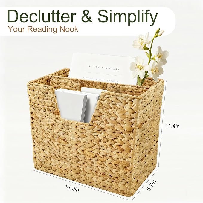 Nexboraque Handwoven Wicker Magazine Basket Decorative Water Hyacinth Storage Bin & Organizer with Handle for Office Living Room Dorm Bathroom