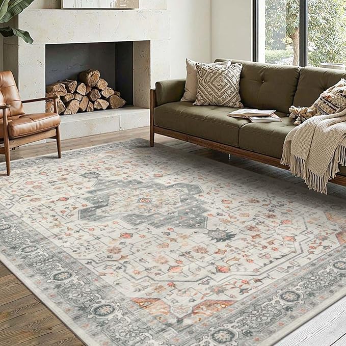 Rugxara 6x9 Tapue Washable Area Rug for Living Room, Vintage Neutral Large Boho Rugs for Office, Dining Room, Kids Room, Farmhouse, Low Pile Non Slip Carpet for High Traffic Areas, Taupe