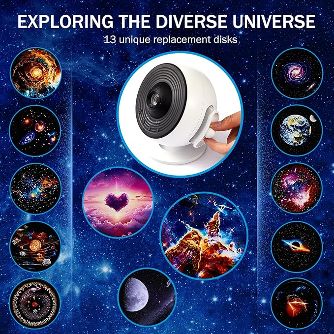 Luxury Galaxy Projector Gift Set – 360° Rotating HD Nebula, 13 Cosmic Discs, Adjustable Brightness & Speed, Auto-Off Timer (1/2H), Perfect for Kids & Adults