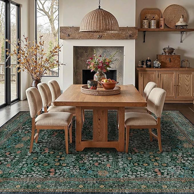 Rugxara 8x10 Area Rugs for Living Room, Large Washable Rug, Green Vintage Floral Boho Rug, Non Slip & Low Pile Faux Wool Thin Carpet for Indoor Dining Room and Bedroom(Dark Green 8x10ft)