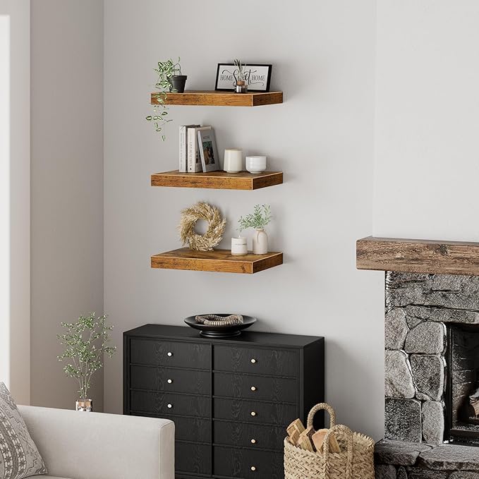 QEEIG 10" Deep Floating Shelves for Wall - 10 x 16 inch Book Shelf Bathroom Bedroom Kitchen Living Room Hanging Bookshelf Farmhouse Set of 3, Rustic Brown (025-40BN3)