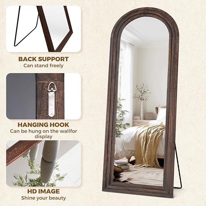 65"x22" Arched Floor Mirror, Solid Wood Full Length Mirror - Free Standing & Wall Mounted - Elegant Design for Bedroom, Dressing Room, Hallway, Brown