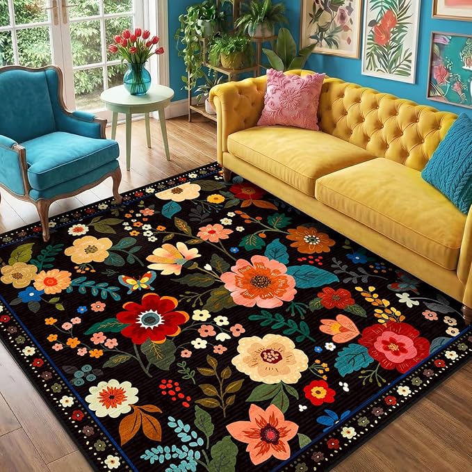 RELEANY Floral Nursery Square 6ft Area Rugs Washable Print Boho Cute Carpet Non Slip Flower Low Pile for Living Room Kids Girls Playroom Bedroom Kitchen Office Farmhouse-Black