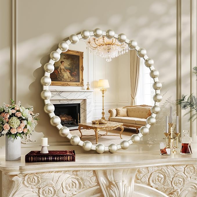 Round Vanity Mirror for Wall, 28 Inch Beaded Frame Circle Mirror for Bedroom Dresser, Bathroom, Entryway, Living Room, Decorative Hanging Wall Mirror, Silver