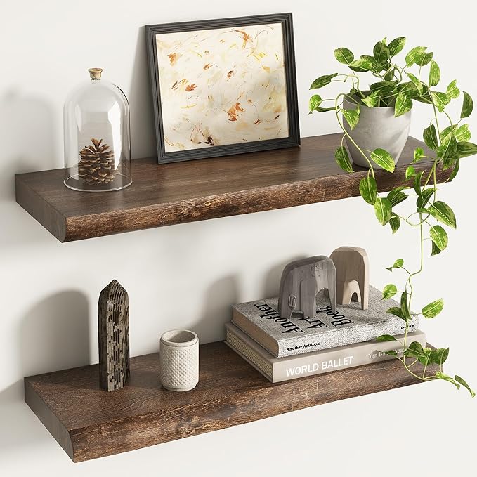 Venusmiles Live Edge Elm Floating Shelves for Wall Decor, Rustic Solid Wood Shevles Wall Mounted with Invisible Bracket for Living Room Bathroom Bedroom Kitchen, 24 Inch Set of 2, Walnut