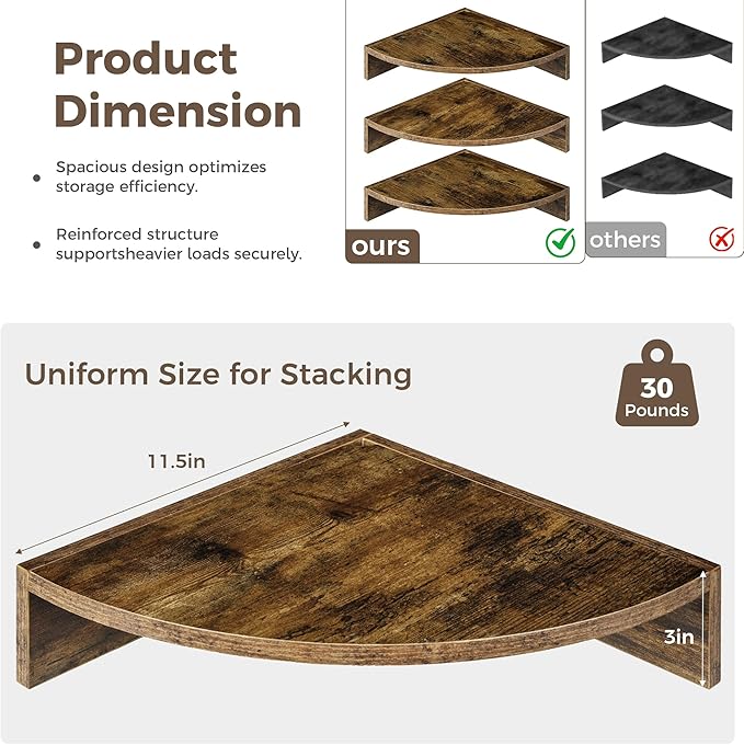 Corner Shelves 3-Pack for Bathroom & Kitchen, Space-Saving Floating Corner Wall Shelf with Easy Installation- Brown