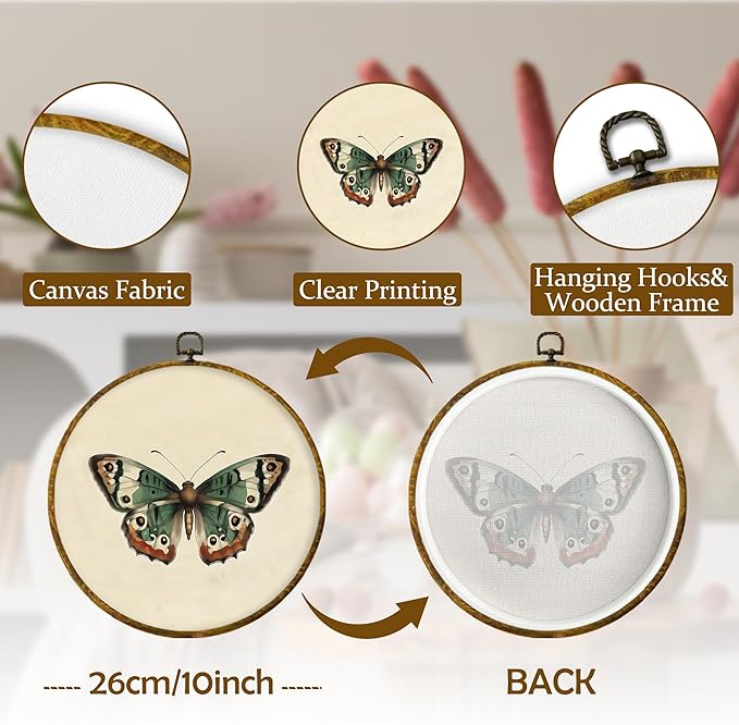 Mcehtle Vintage Butterfly Wall Art Decor, Moody Moth Cottagecore Framed Canvas Prints 10x10, Boho Sage Green Academia Insect Round Wall Hanging Artwork Decorations for Gallery Bedroom Living Room