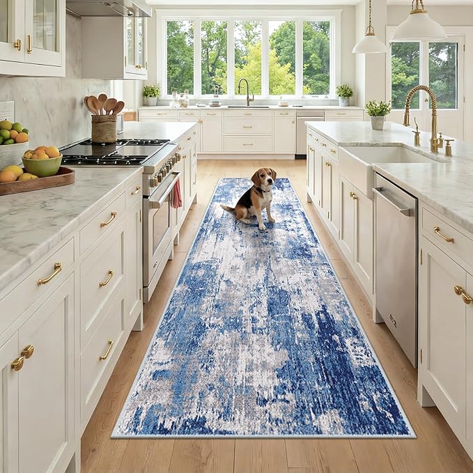 RELEANY Washable Area Rugs 3x9 Non-Slip Modern Abstract Soft for Living Room Entryway Bedroom Nursery, Print Pattern, Blue Grey Navy Gray