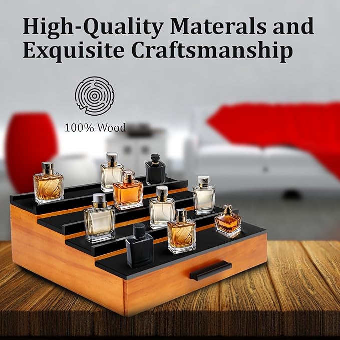 Cologne Organizer for Men，4 Tier Wood Perfume Display Stand with Velvet Lining Drawer and Hidden Compartment ，Perfume Organizer for Men，Great Gift for Man (Walnut Black)