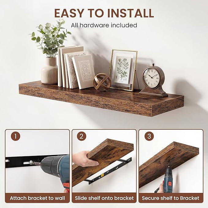Dreamland 36 Inches Floating Shelves for Wall, 9.3" Deep Long Floating Shelves Set of 2, Large Display & Storage Shelf, Wall Shelf for Bathroom Bedroom Living Room Kitchen Office, Rustic Brown