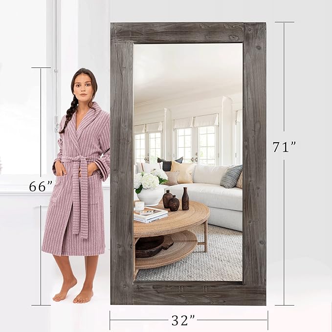 NeuType Floor Mirror Full Length, 71x32in Rustic Wood Frame Full Body Dressing Mirror, Wall-Mounted or Leaning Against Wall Standing Mirror, Farmhouse Decor for Bedroom Living Room, Charcoal Grilled