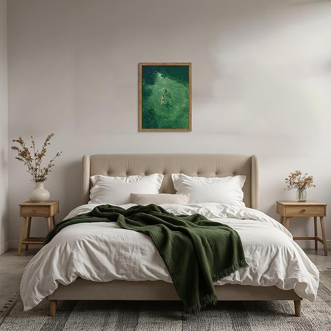Framed Green Abstract Wall Art, Vintage Summer Swimming Canvas Wall Decor Painting, Minimalist Dark Green Water Landscape Poster Print Picture for Bathroom Bedroom Living Room 12x16 Inch