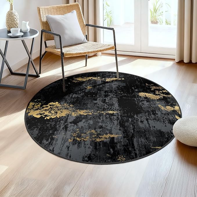 RELEANY Washable Area Rugs 4ft Non-Slip Modern Abstract Soft for Living Room Entryway Bedroom Nursery, Print Pattern, Dark Black Gold