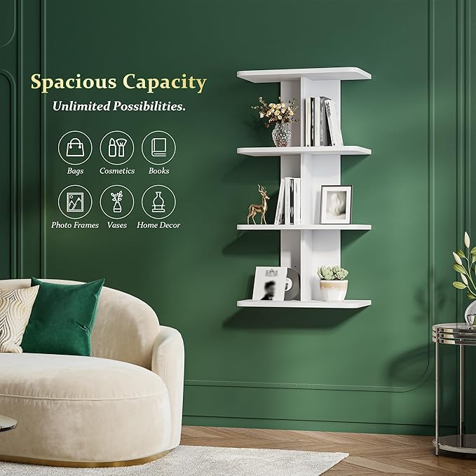 REIBII 4 Tier Wall Shelves, Vertical Column White Floating Shelves for Room Decor, Wall Mounted Shelves for Vanity, Bedroom, Living Room, Office
