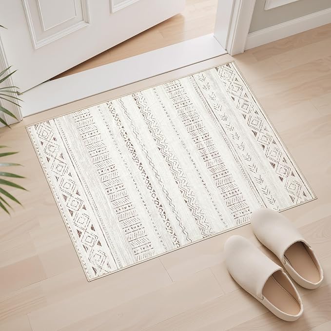 cotiled Washable 2x3 Entryway Rug: Washable Boho Rugs with Non Slip Backing Small Soft Indoor Stain Resistant Carpet for Kitchen Front Lightweight Home Decor L Brown/Cream