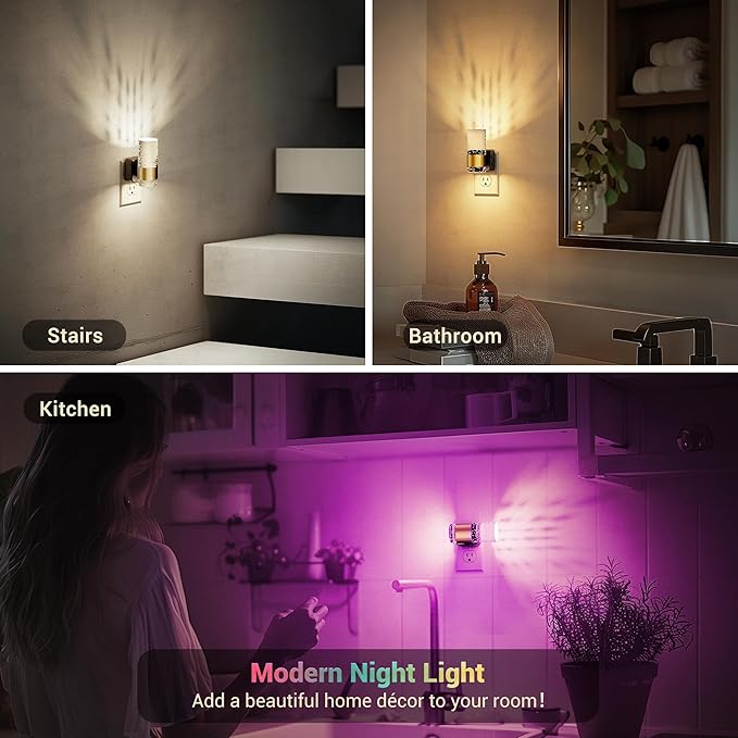 JandCase Night Lights Plug into Wall,2 Pack Color Changing Night Light for Kids with 1 Remote Control, 3000K+RGB LED Nightlight with Light Sensor, 10/50/100LM Adjustable for Rooms Home Decor