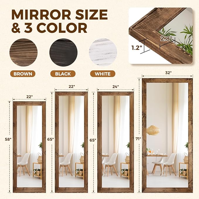 Oversized Brown Full Length Mirror 71"x32" - Solid Wood Beveled Frame Wall Leaning or Hanging Mirror - Rustic Farmhouse Style for Bedroom, Entryway, Living Room