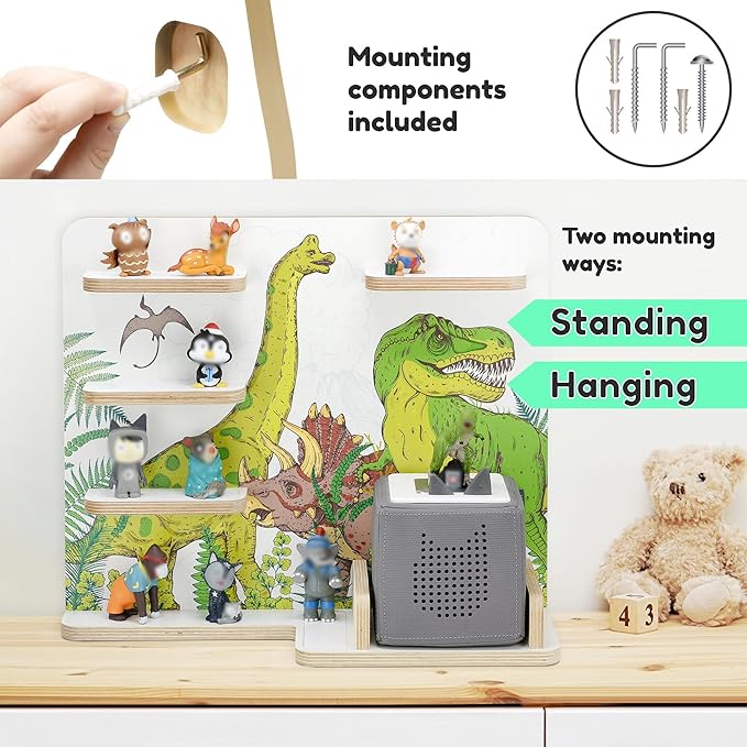 stadtecken Wooden Shelf for Music Box I Suitable for The Toniebox and Tonies I Perfect Storage in The Children's Room I for Setting up or Hanging (Dinomania, Medium)