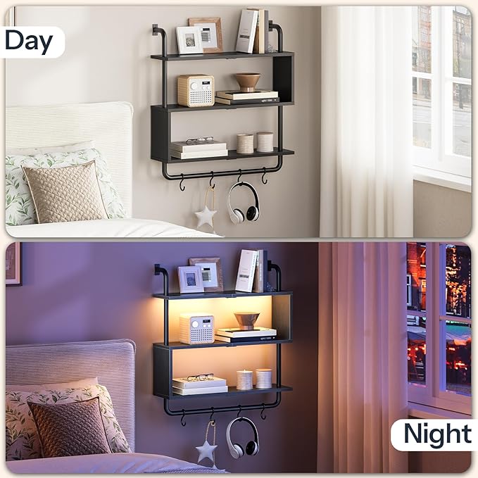 HOOBRO Floating Shelves with LED Lights, 29.5" LED Wall Mounted Gaming Shelf, 3-Tier Pipe Display Rack with Hanging Rod and 4 S-Hooks, for Storage Livingroom, Bedroom, Kitchen, Black BB21DBJ01