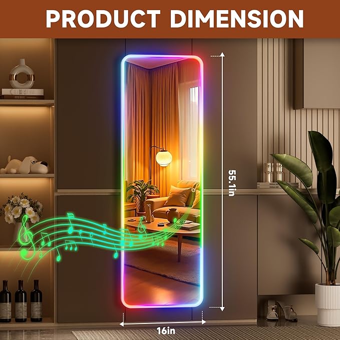 Hasipu 55"x16"LED RGB Door Mirror Full Length with Bluetooth Speaker, Full Body Full Length Over The Door Mirror with Lights, Door Hanging & Wall Mounted Mirror for Bedroom, Living Room, Cloakroom