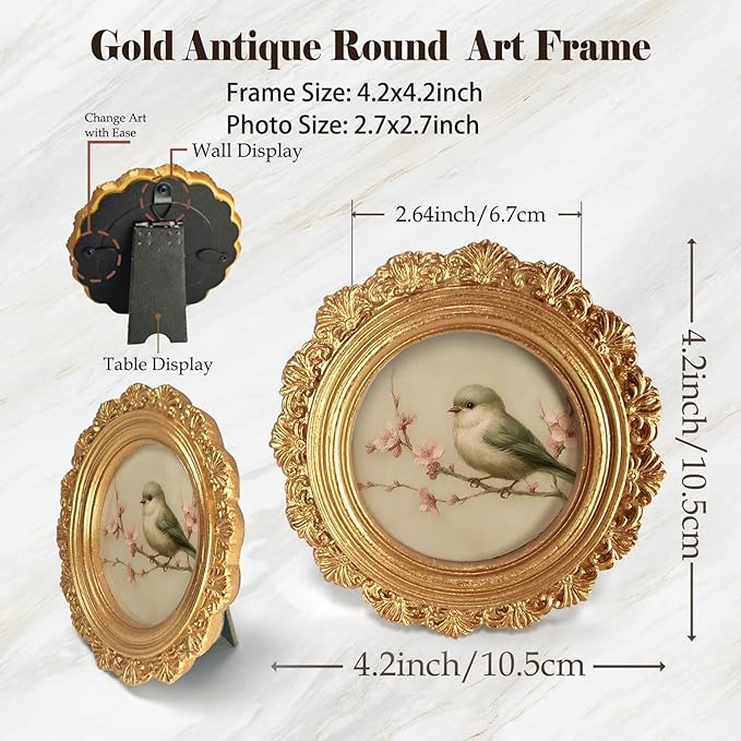 Small Vintage Bird Spring Round Picture Frame Wall Decor, Flower Gold Mini Ornate Photo Frame for TableTop Desk 2.7in Photo, Rustic Farmhouse Framed Artwork for Walls Office Bedroom Shelf