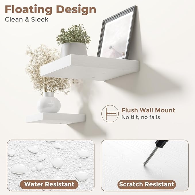 12 Inch Floating Shelves for Wall with Invisible Brackets Set of 3, 12"D Engineered Wood Wall Shelves with Wood Grain for Living Room, Bedroom, Bathroom, Kitchen Decor and Storage, White Finish