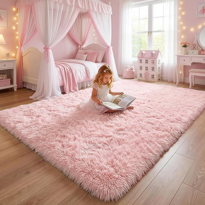 Amdrebio Pink Area Rugs for Bedroom Girls, Cute Fluffy Fuzzy Shag Rug 5x7 for Living Room, Kids Room, Kawaii Plush Fur Indoor Floor Carpet for Teens, Baby, Nursery, Preppy Dorm, Home Decor Aesthetic