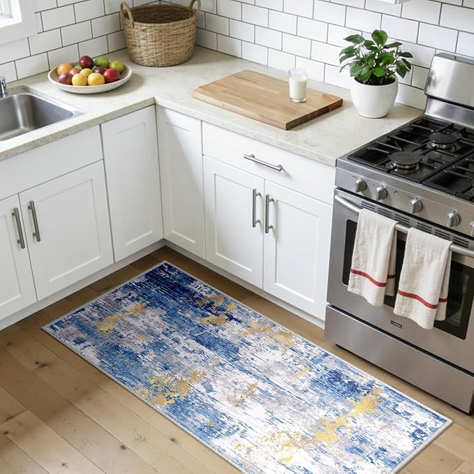 RELEANY Washable Area Rugs 2'x5' Non-Slip Modern Abstract Soft for Living Room Entryway Bedroom Nursery, Print Pattern, Grey Blue Gold/Golden