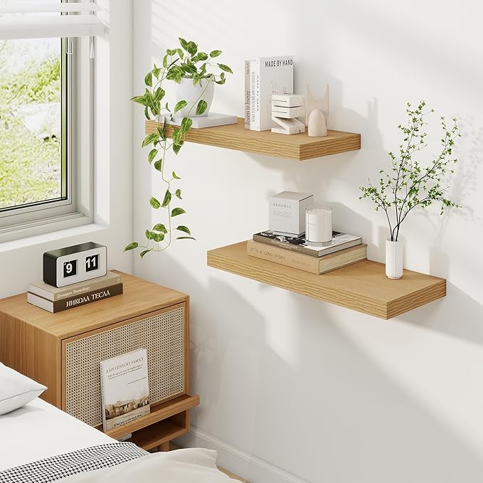 Fun Memories 24 Inch Floating Shelves, 9.3 Inch Deep Rustic Wall Shelves - Extra Deeper Wall Mounted Storage Shelves for Bathroom, Kitchen, Living Room (Oak, Set of 2)