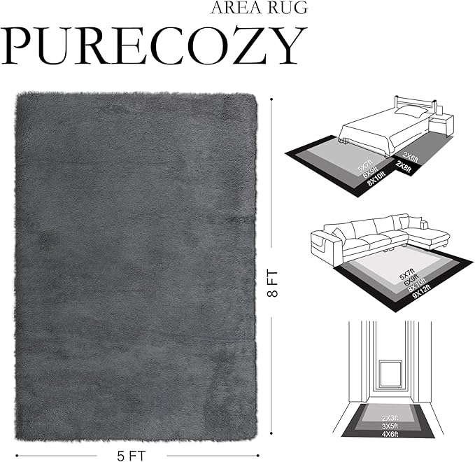 PureCozy 5x8 Area Rug for Living Room, Modern Grey Super Shag Shaggy Soft Washable Indoor Fuzzy Carpet Non-Slip Fluffy Rugs for Bedroom Home Aesthetic Decor