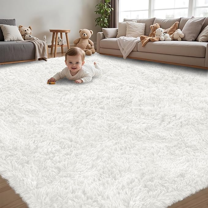 5x7 Area Rug for Living Room:Ultra Soft Fluffy Shag White Rugs,Large Fuzzy Plush Indoor Non Slip Carpet Washable Rug for Bedroom Kids Nursery Office Dorm Modern Decor(White 5'x7')