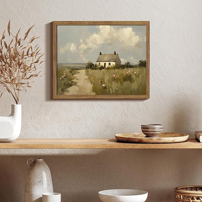 Vintage Wall Art, Framed English Countryside Cottage Painting Print, Country Farmhouse Canvas Wall Art, Rustic Landscape Pictures Artwork Wall Decor for Bedroom Living Room – 12x16 inch